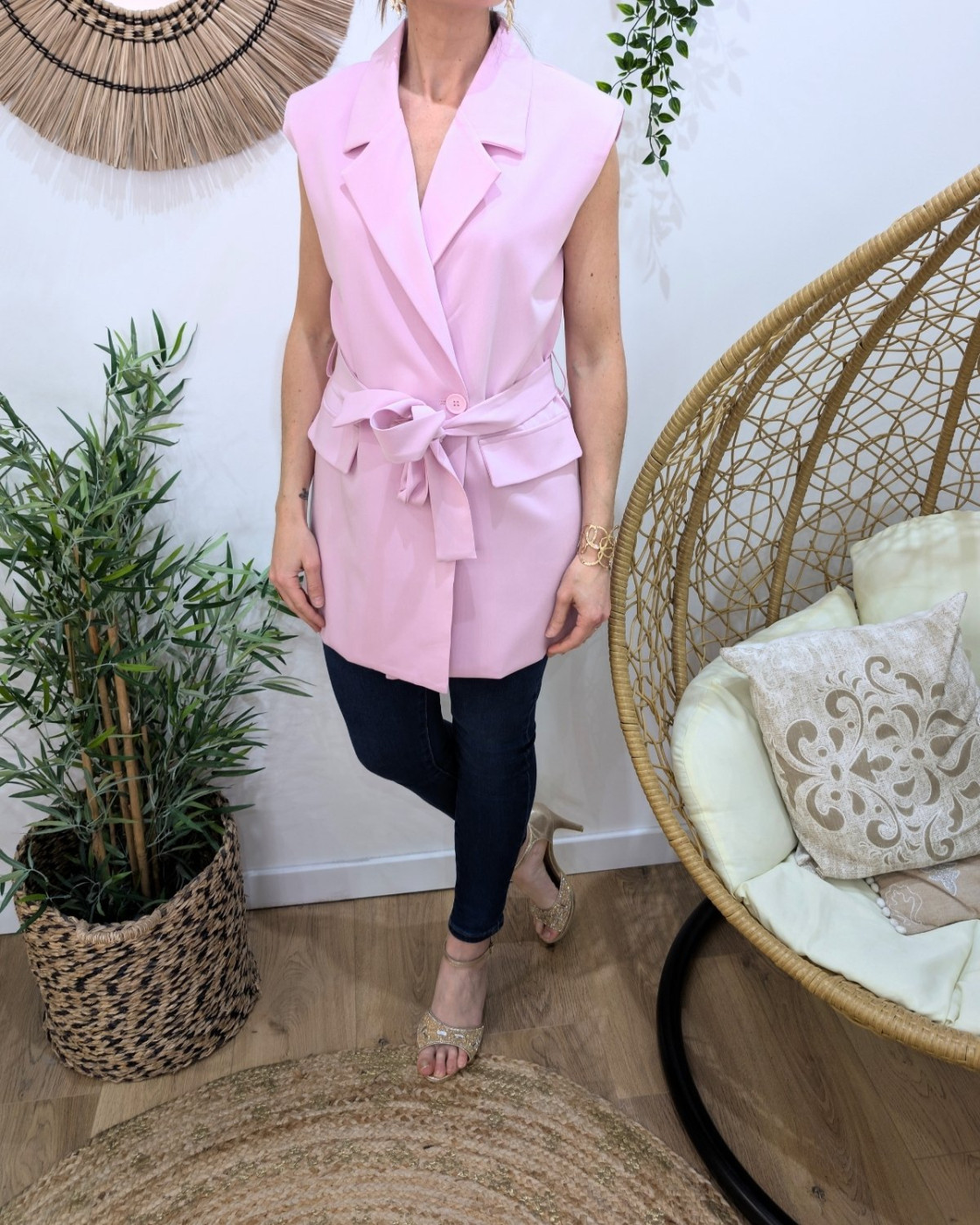 Robe blazer femme sans manches à nouer rose