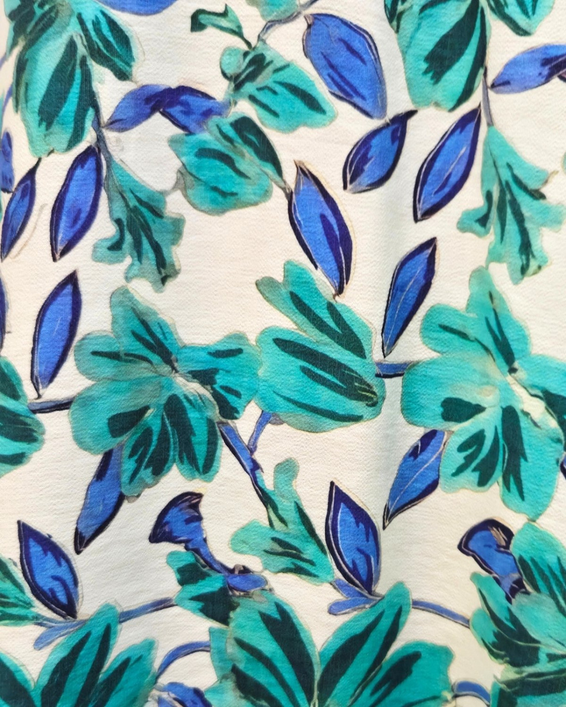  Robe femme droite écru fleurs bleus et vertes manches brodées Amédéa