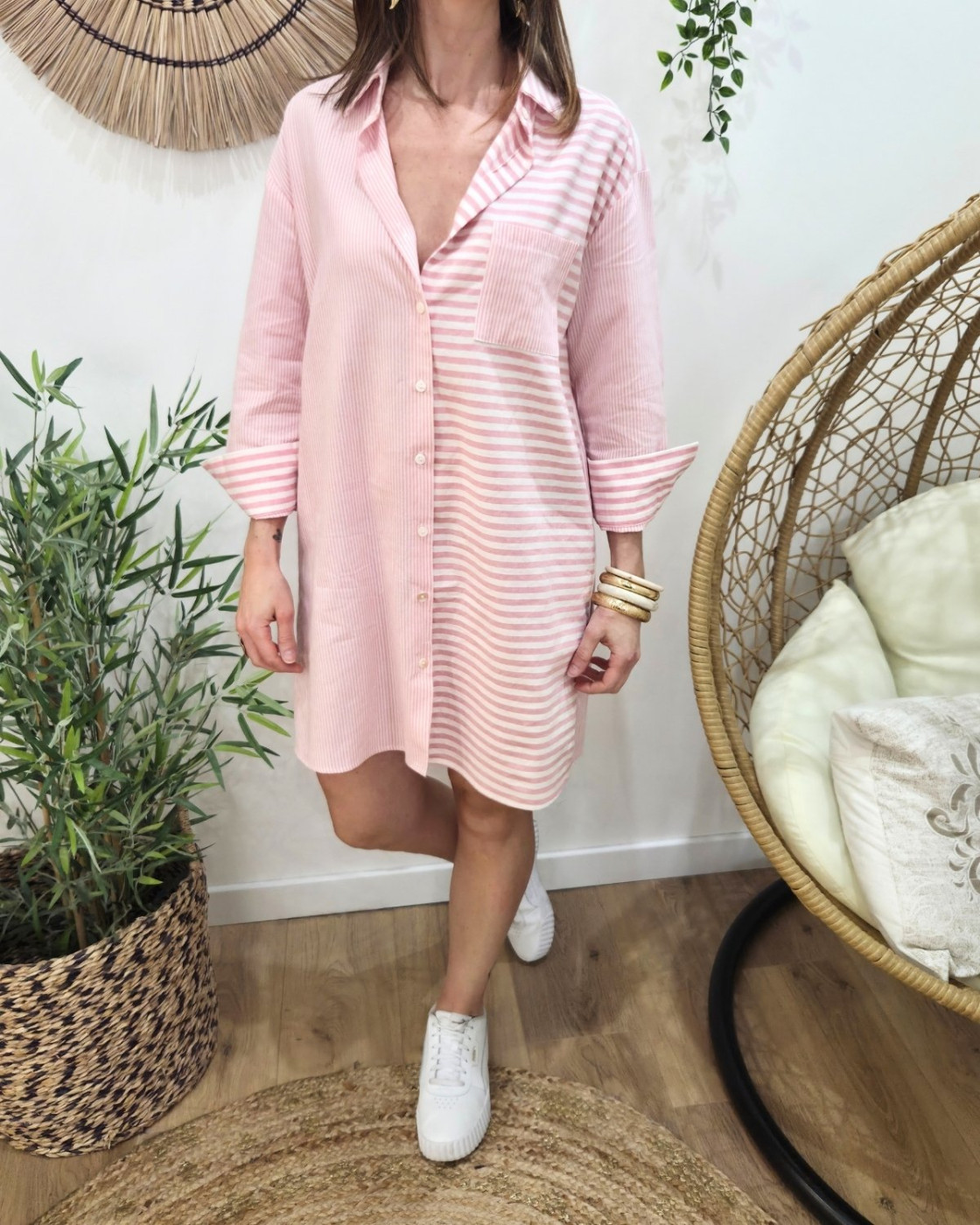  Robe femme droite écru et rose rayée Cosima
