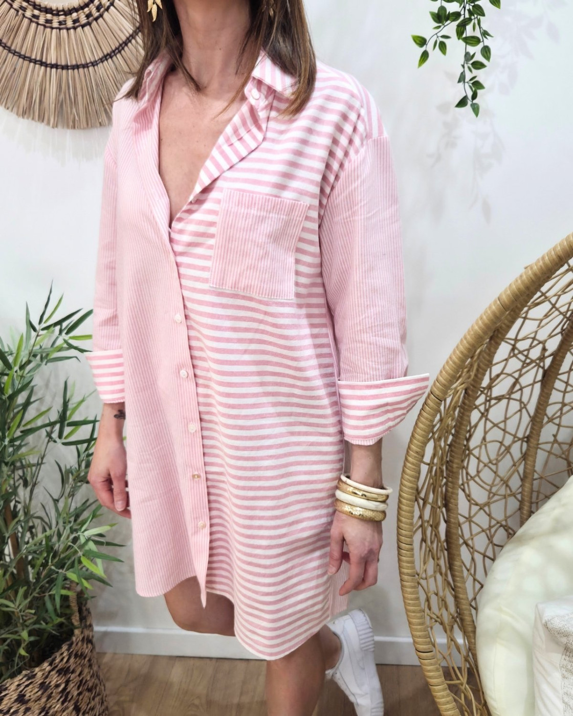  Robe femme droite écru et rose rayée Cosima