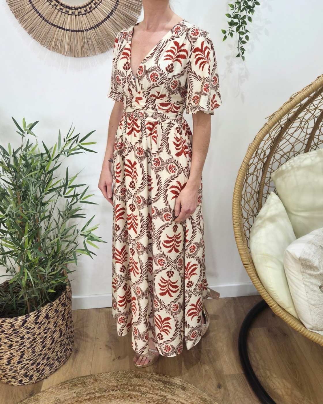 Robe longue femme écru motifs terracotta Violante