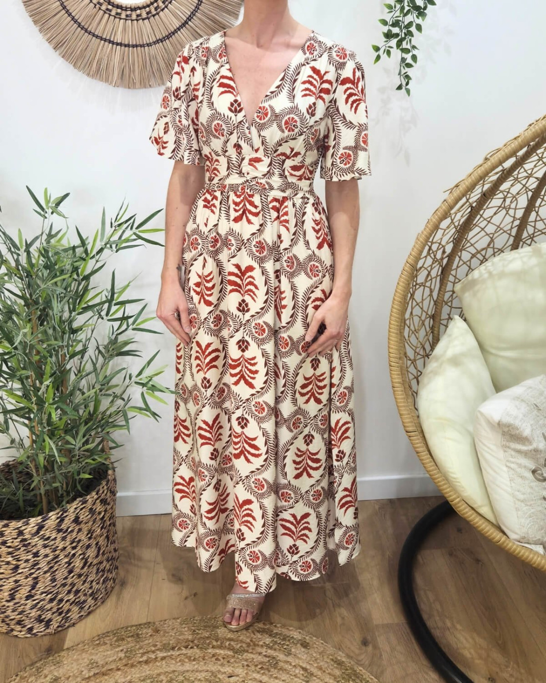 Robe longue femme écru motifs terracotta Violante