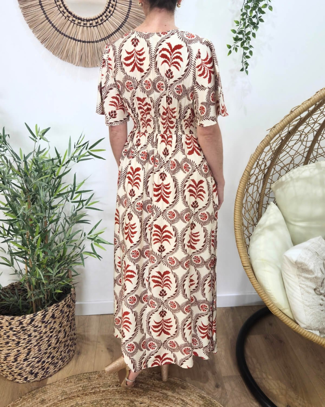 Robe longue femme écru motifs terracotta Violante