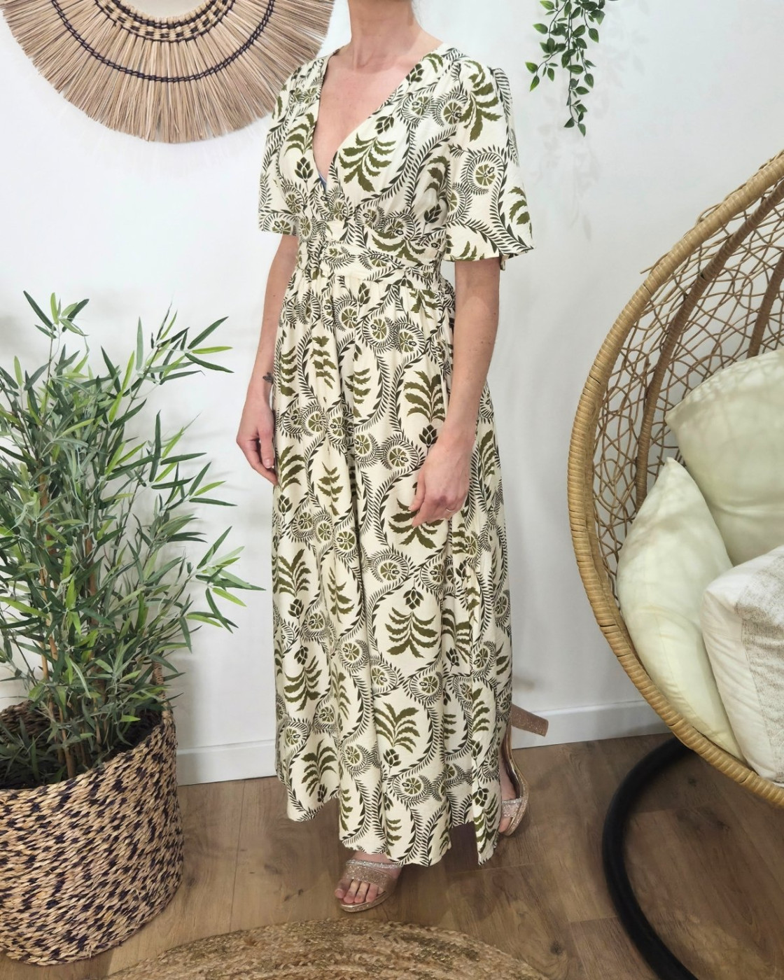 Robe longue femme écru motifs Kaki Violante