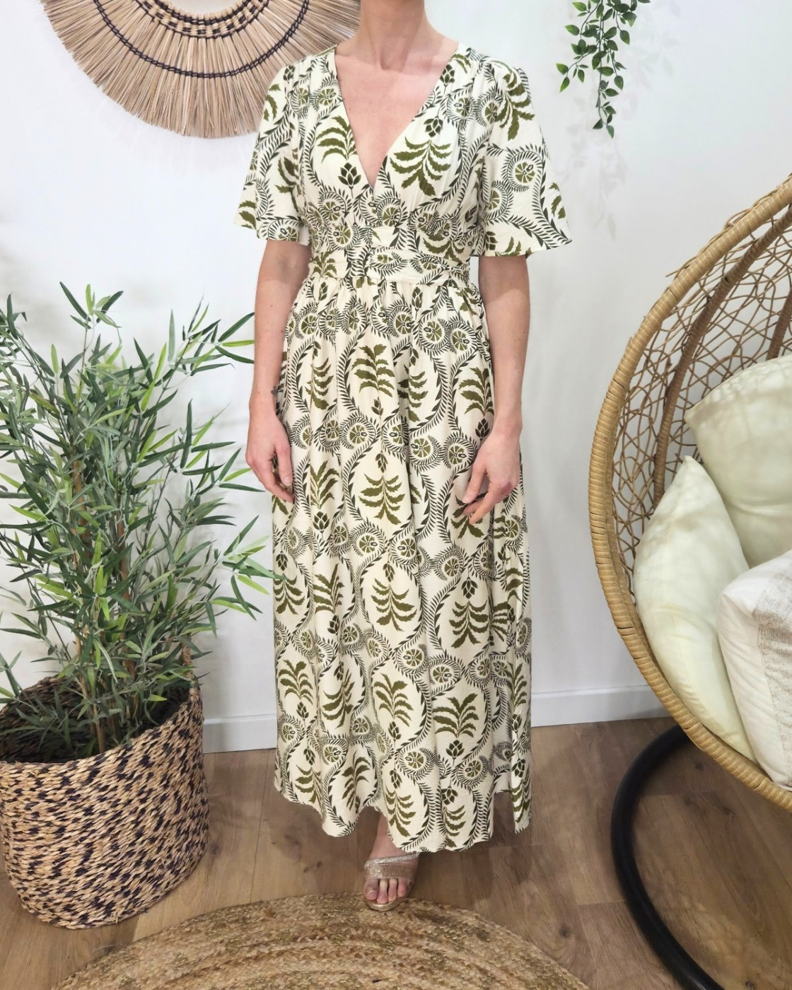 Robe longue femme écru motifs Kaki Violante