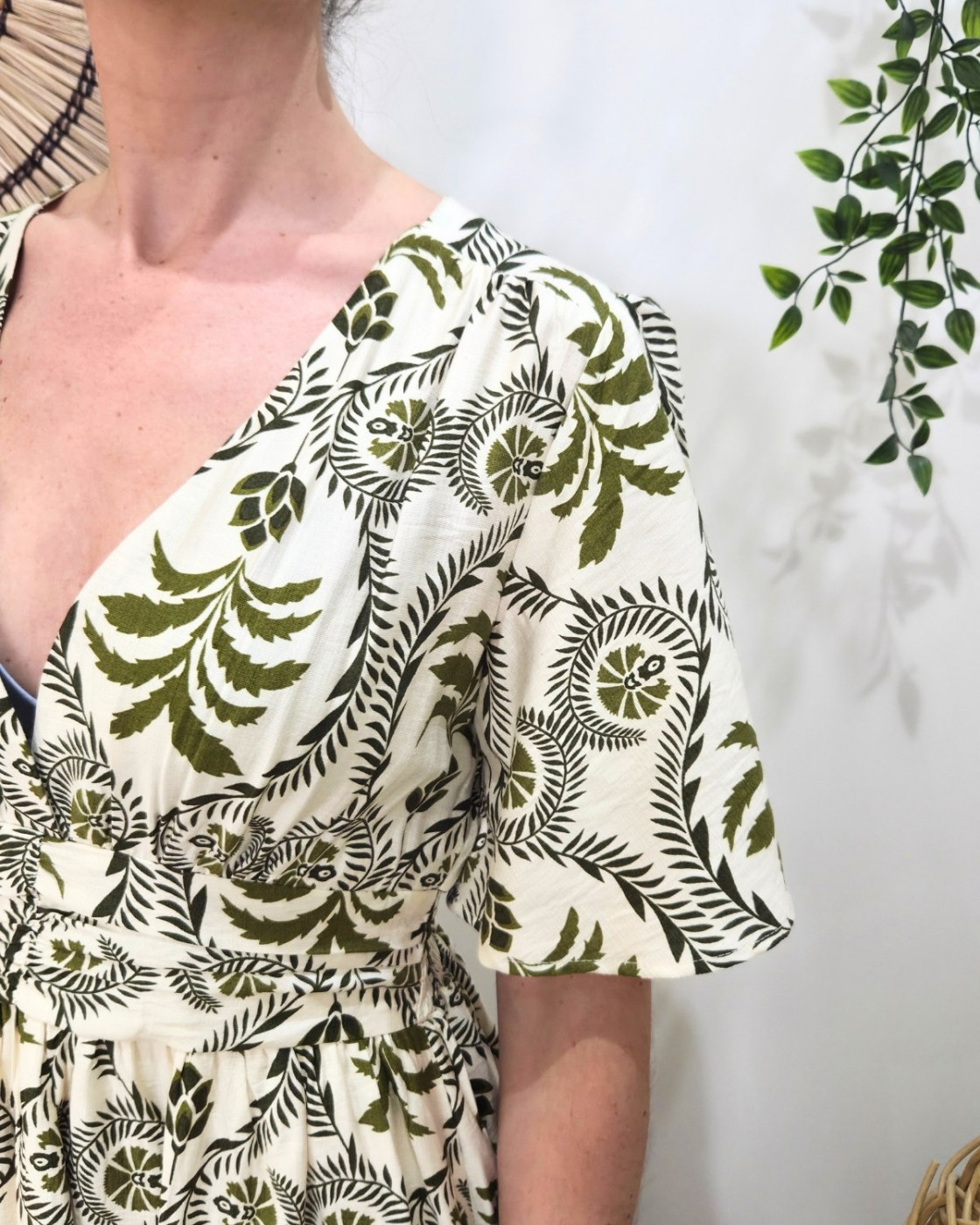 Robe longue femme écru motifs Kaki Violante