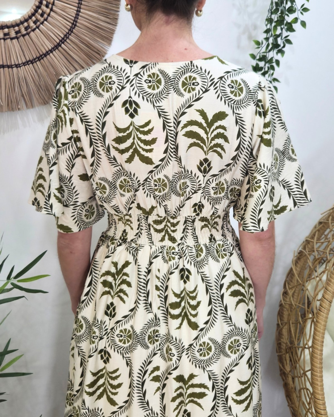 Robe longue femme écru motifs Kaki Violante