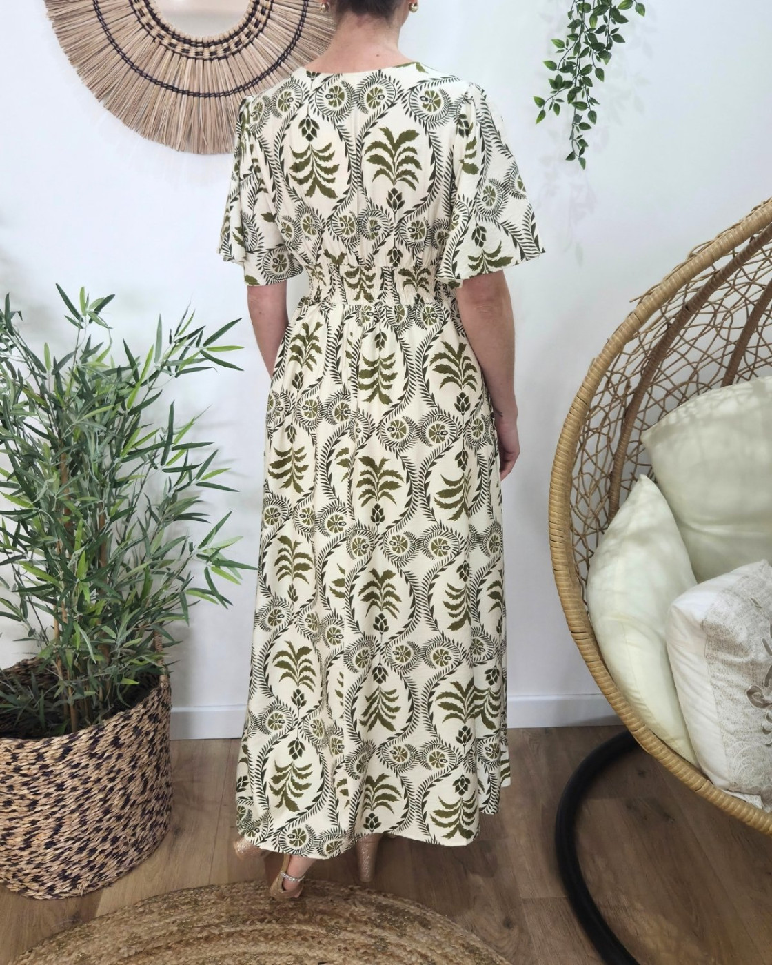 Robe longue femme écru motifs Kaki Violante