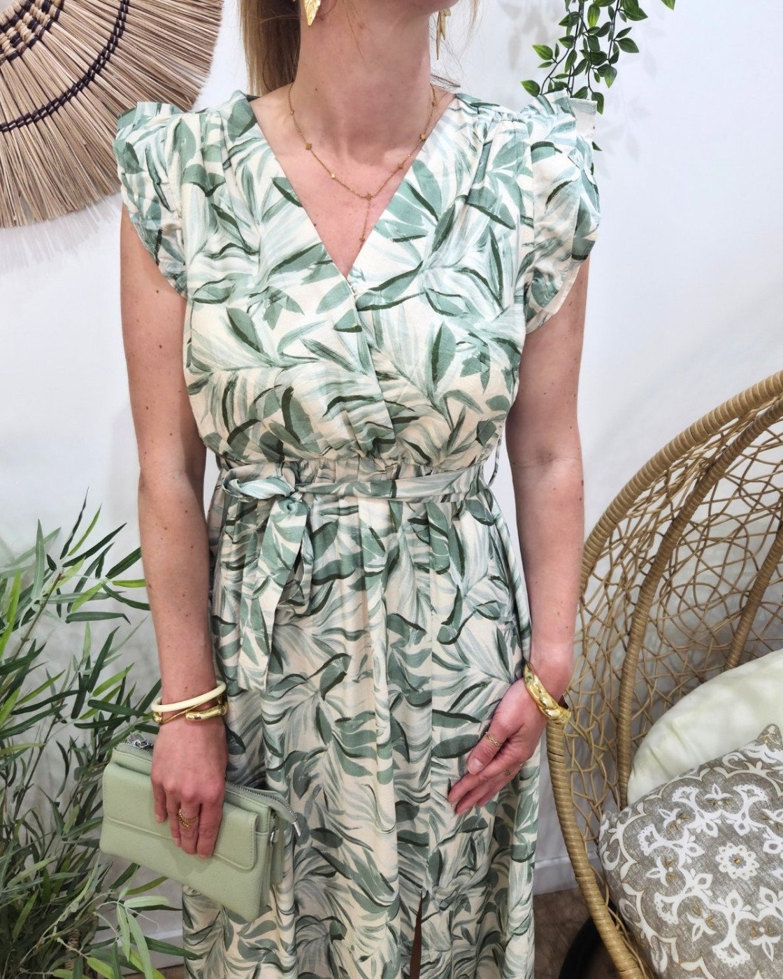 Robe longue femme feuillage vert agathe Aminda