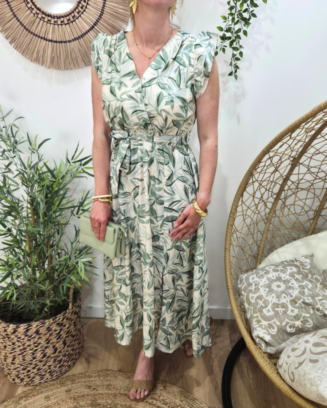 Robe longue femme feuillage vert agathe Aminda