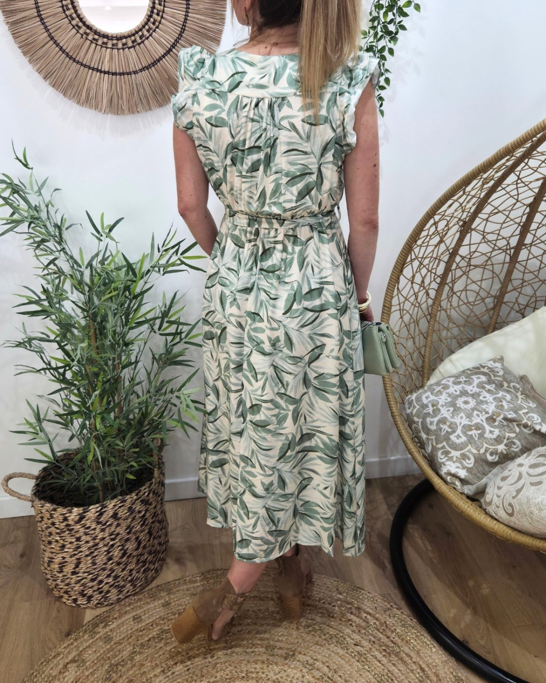 Robe longue femme feuillage vert agathe Aminda