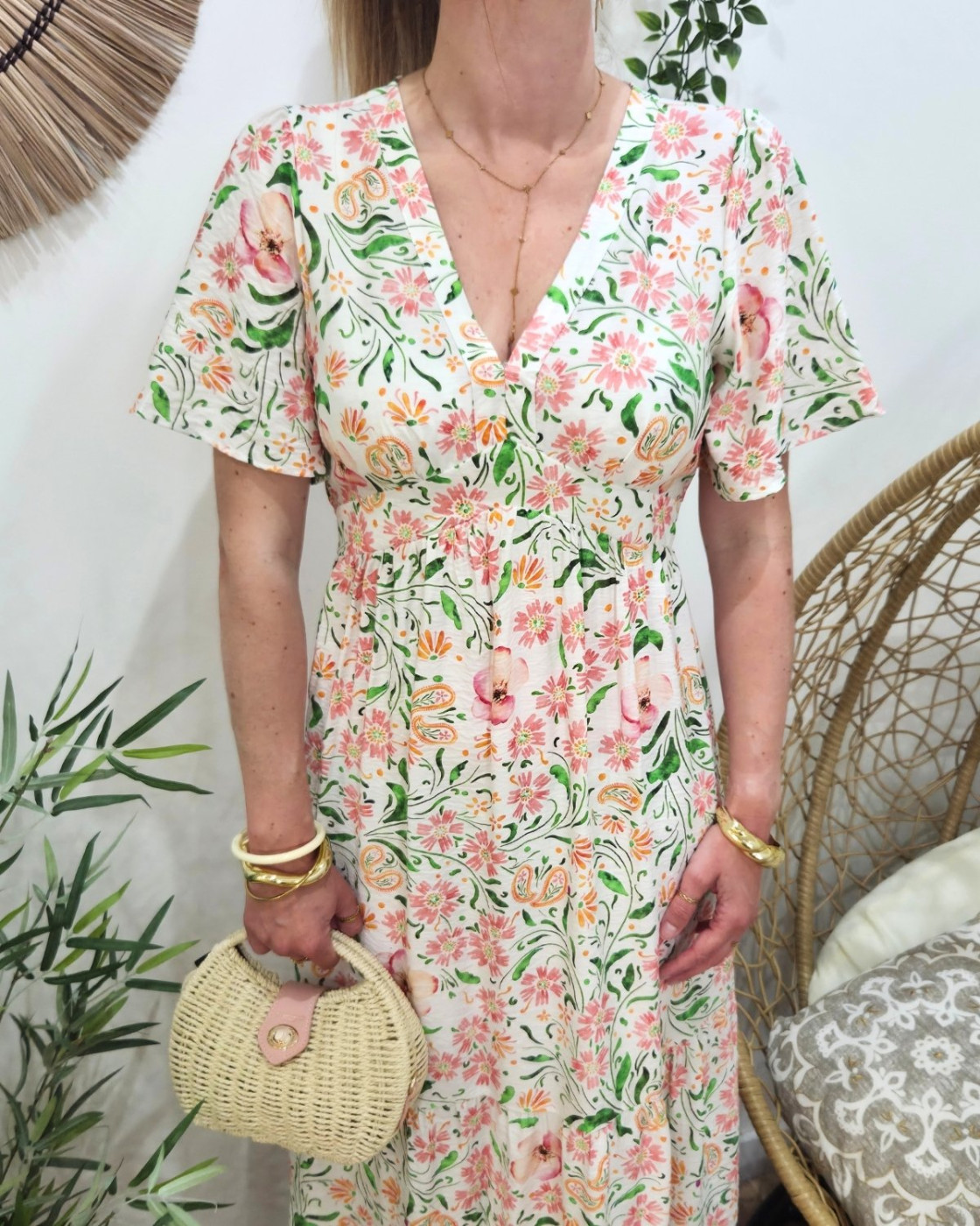  Robe longue femme écru motifs fleuris verts roses corail