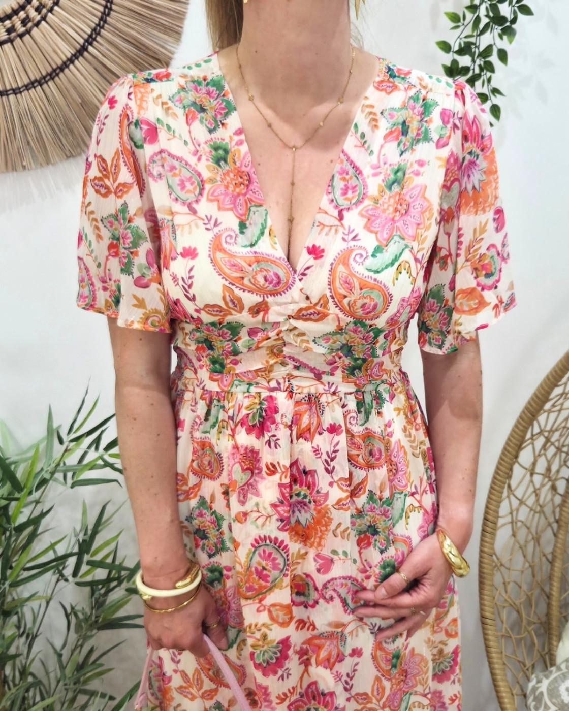  Robe longue femme écrue fleurs roses orangées et vertes Gisella