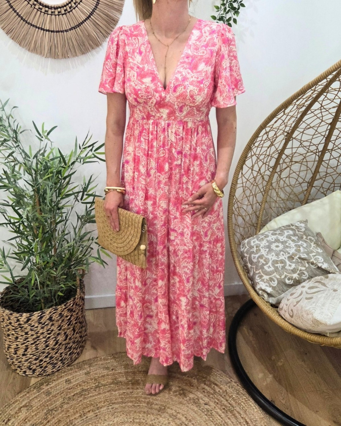  Robe longue femme écrue motifs fuchsia Gemma