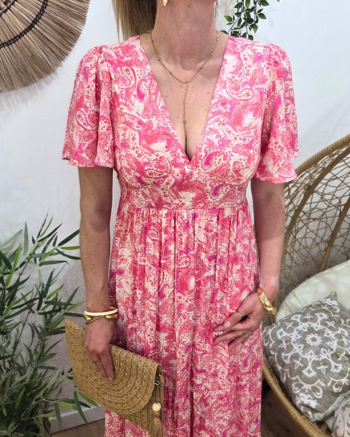  Robe longue femme écrue motifs fuchsia Gemma
