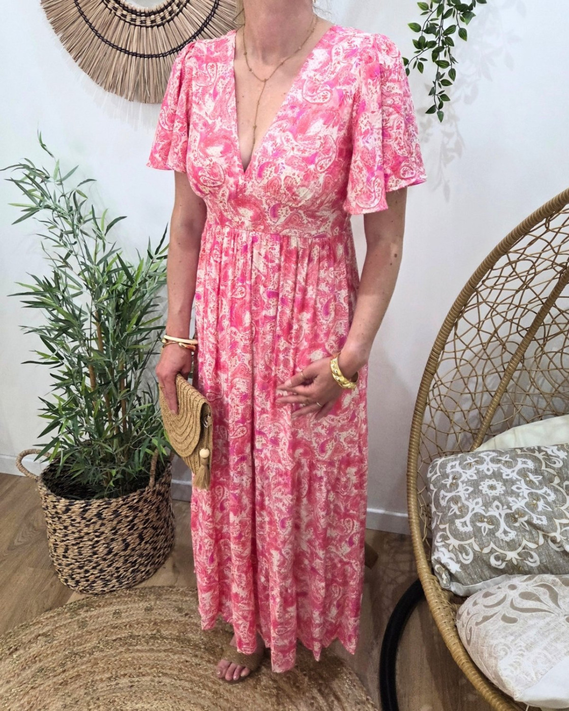  Robe longue femme écrue motifs fuchsia Gemma
