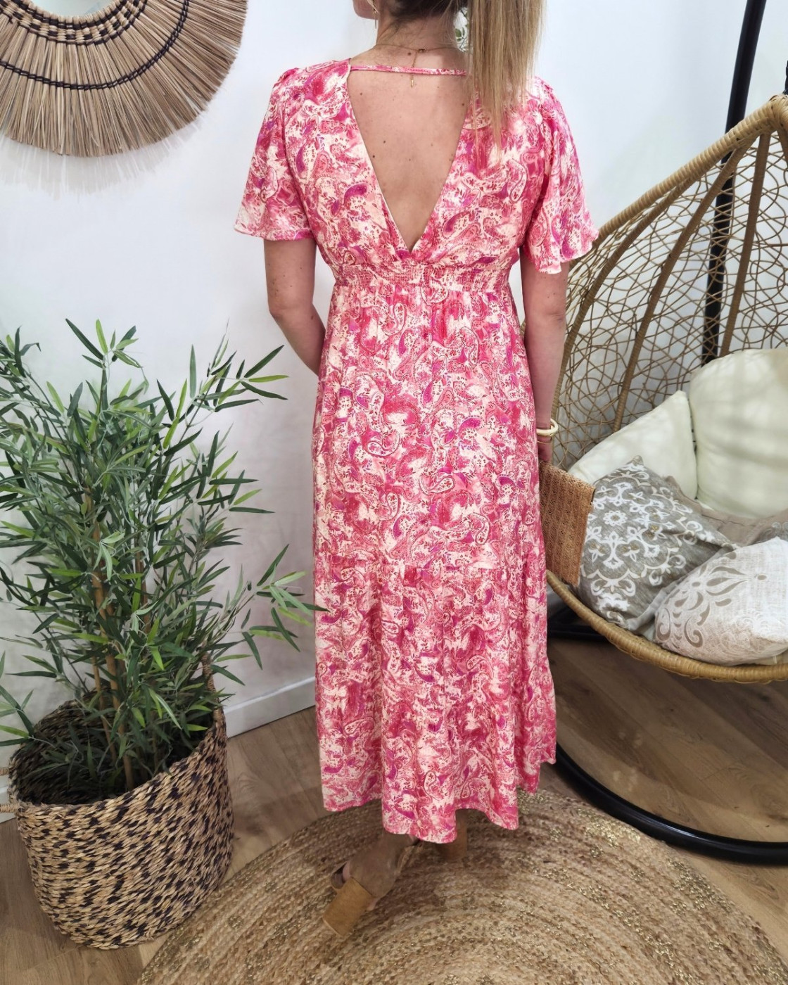  Robe longue femme écrue motifs fuchsia Gemma