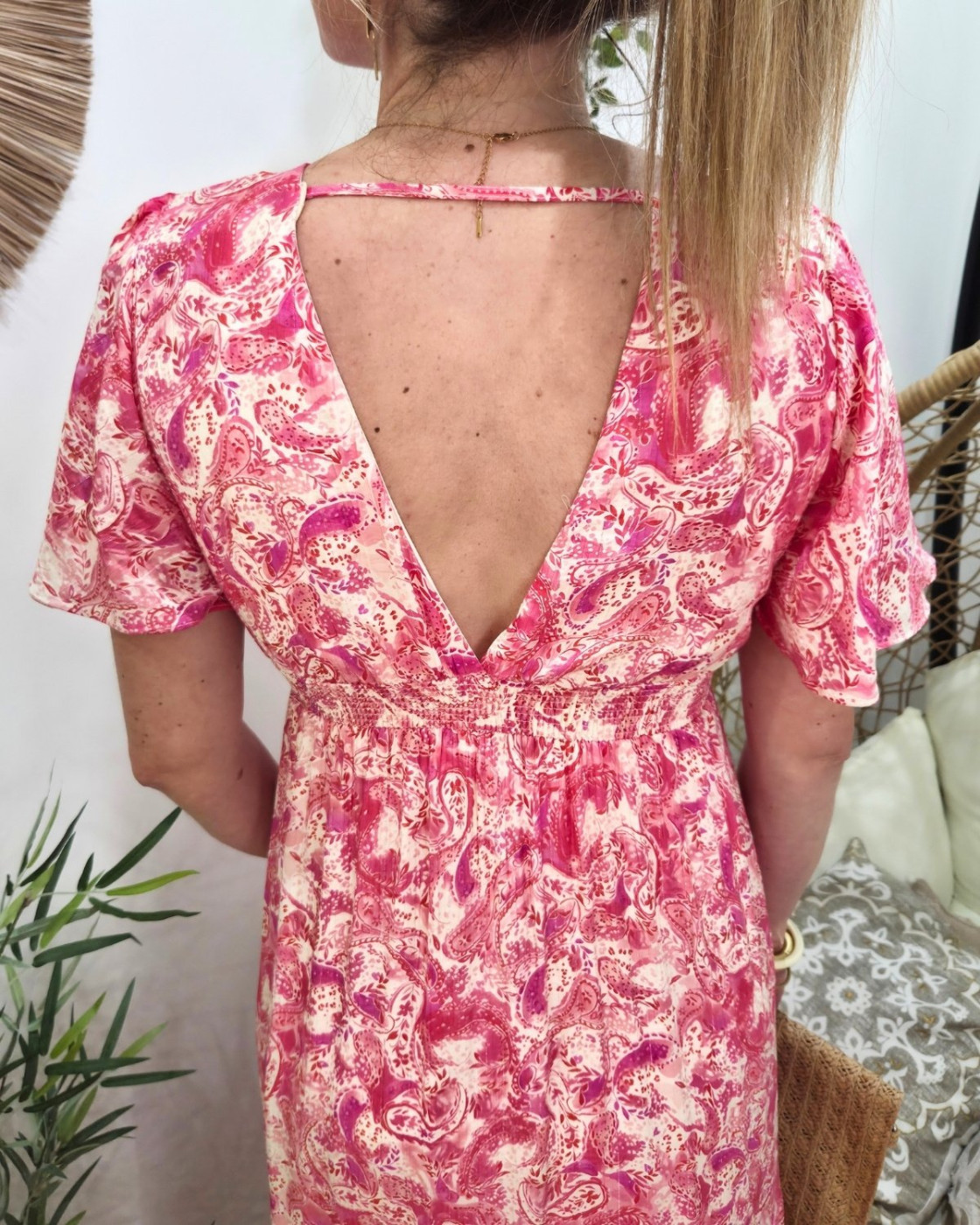 Robe longue femme écrue motifs fuchsia Gemma