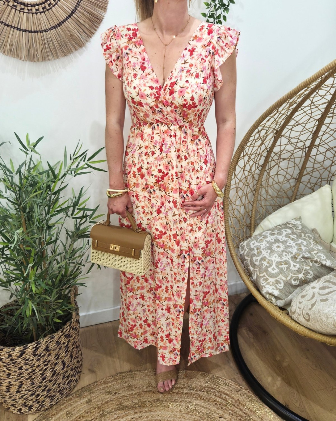  Robe longue femme beige fleurs roses Mencía