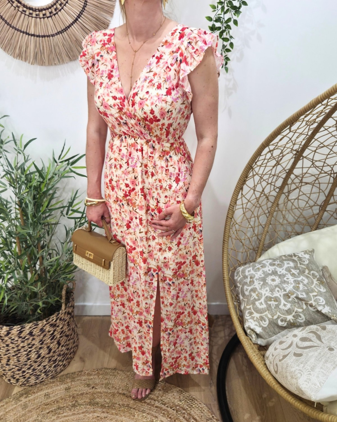  Robe longue femme beige fleurs roses Mencía