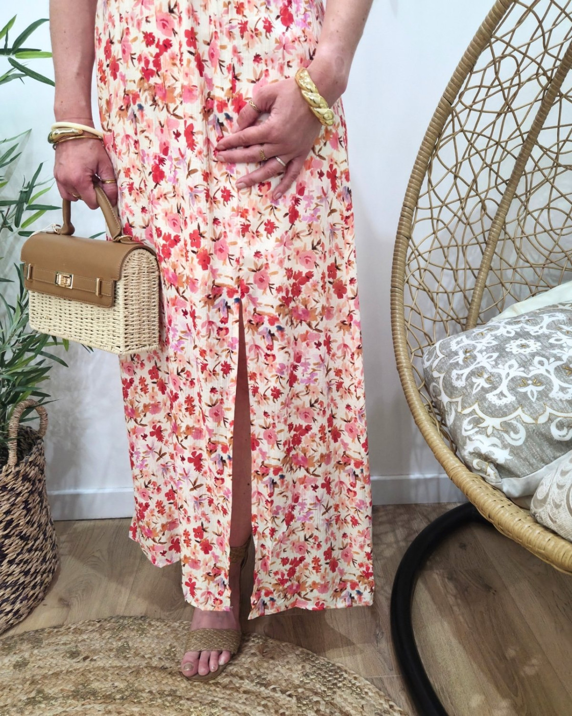  Robe longue femme beige fleurs roses Mencía