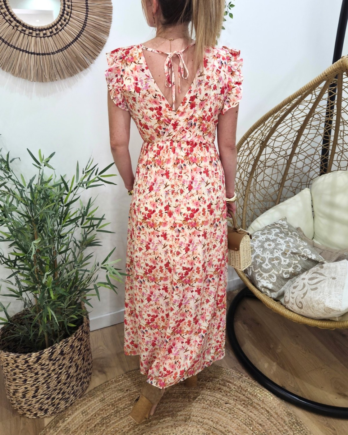  Robe longue femme beige fleurs roses Mencía