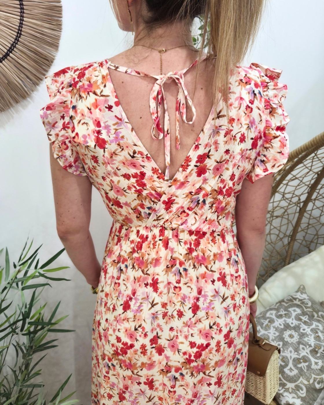  Robe longue femme beige fleurs roses Mencía