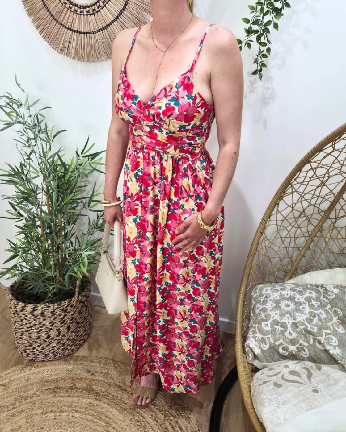  Robe longue femme à bretelles fleurs roses et jaunes Ambra