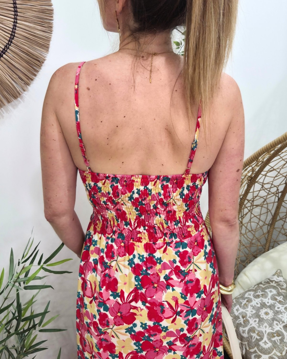  Robe longue femme à bretelles fleurs roses et jaunes Ambra