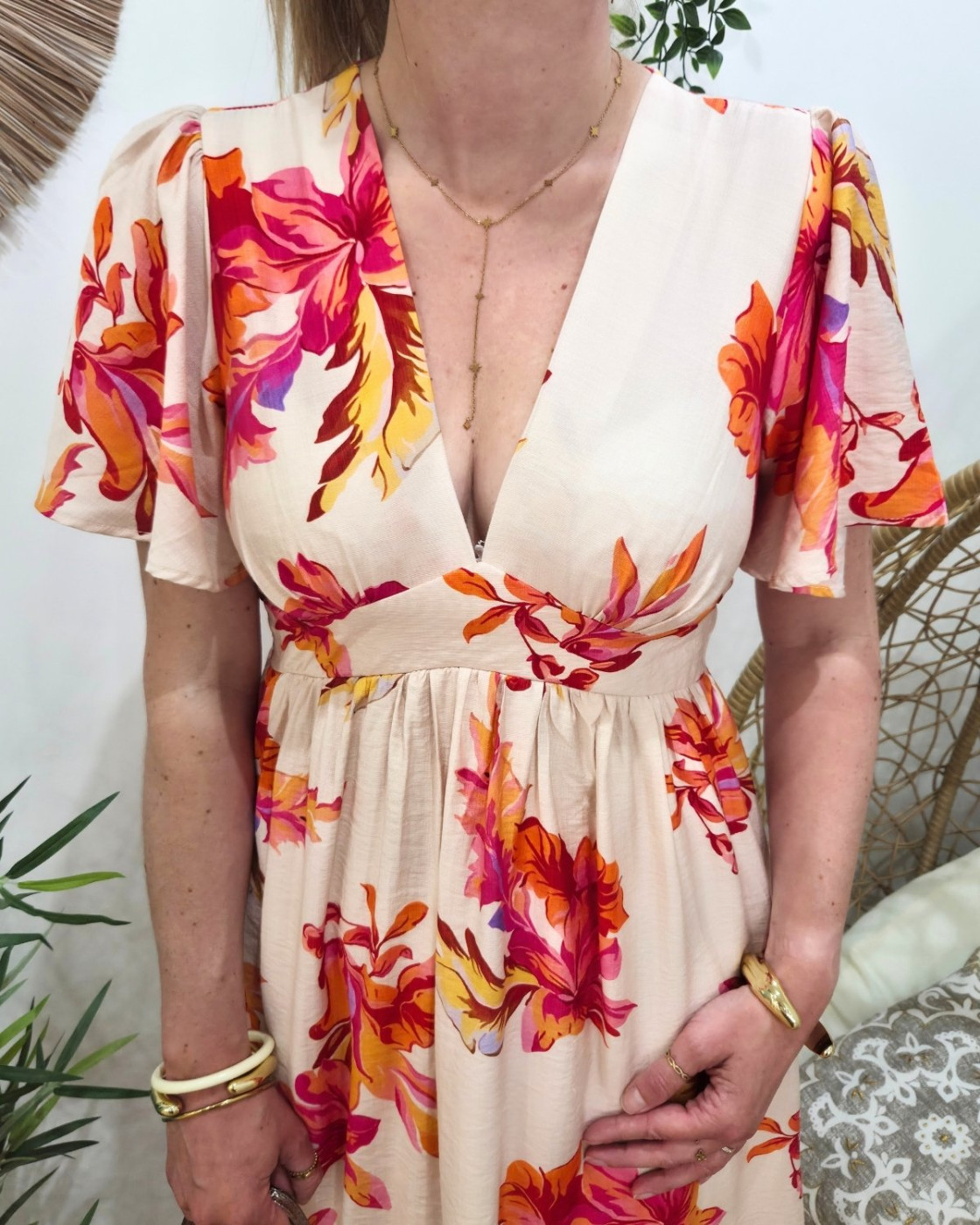  Robe femme beige grosses fleurs roses oranges jaunes Aurora