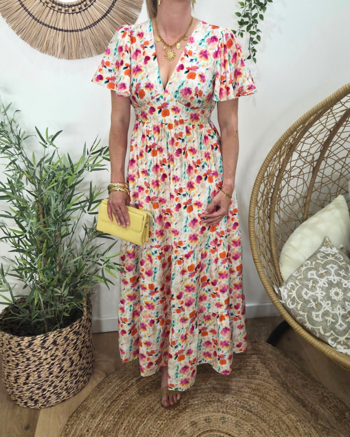 Robe femme longue écrue imprimés fleuris oranges fuchsia multicolores