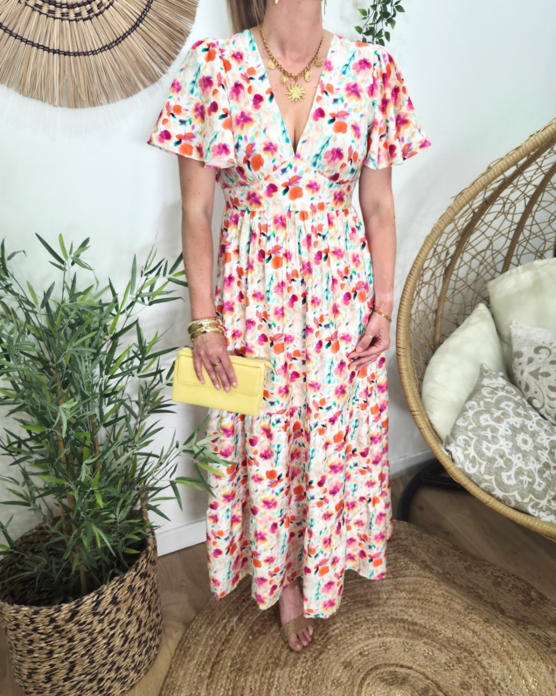 Robe femme longue écrue imprimés fleuris oranges fuchsia multicolores