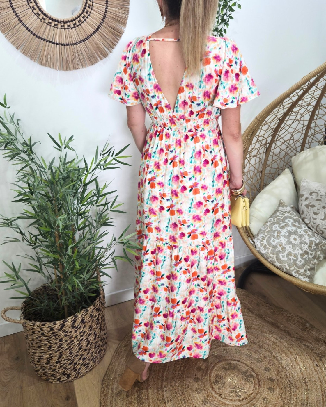 Robe femme longue écrue imprimés fleuris oranges fuchsia multicolores