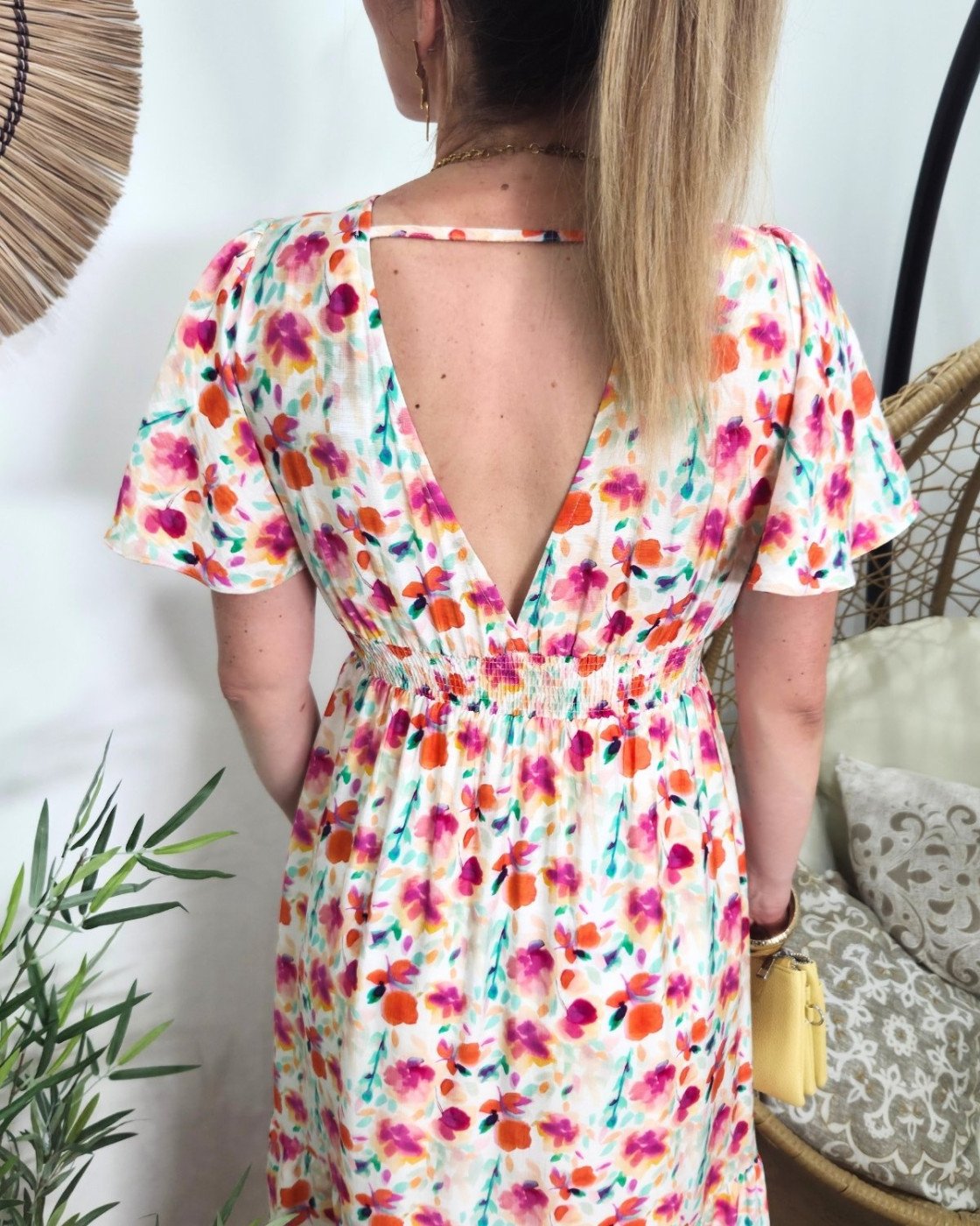 Robe femme longue écrue imprimés fleuris oranges fuchsia multicolores