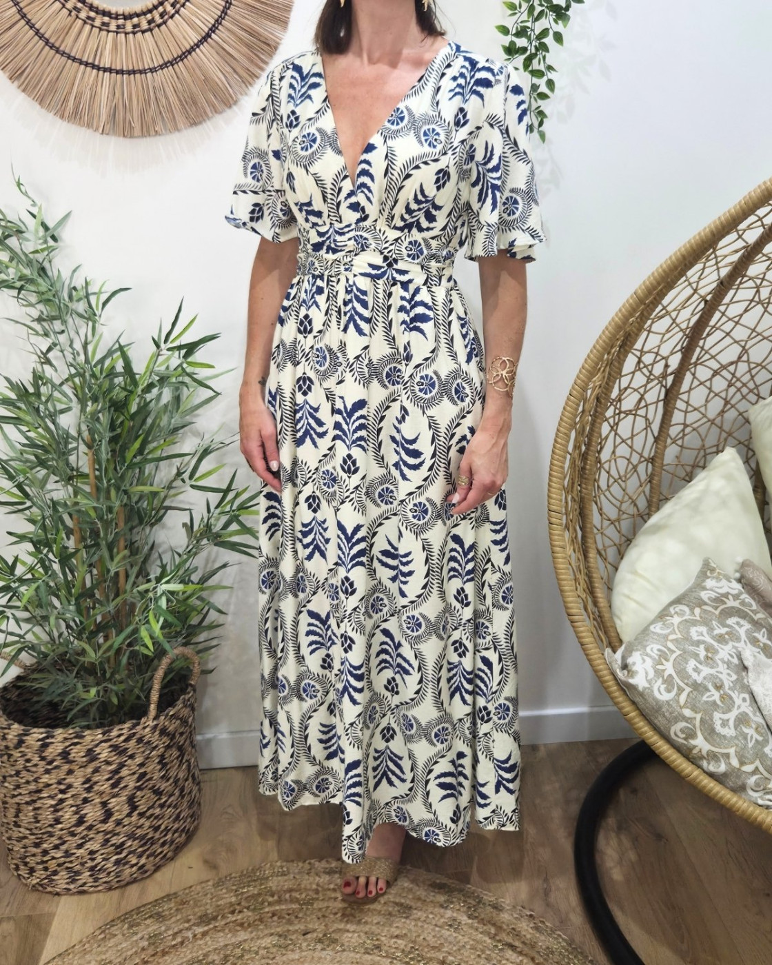 Robe longue femme écrue motifs bleus Violante