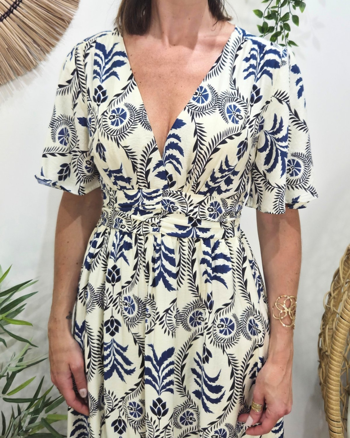 Robe longue femme écrue motifs bleus Violante