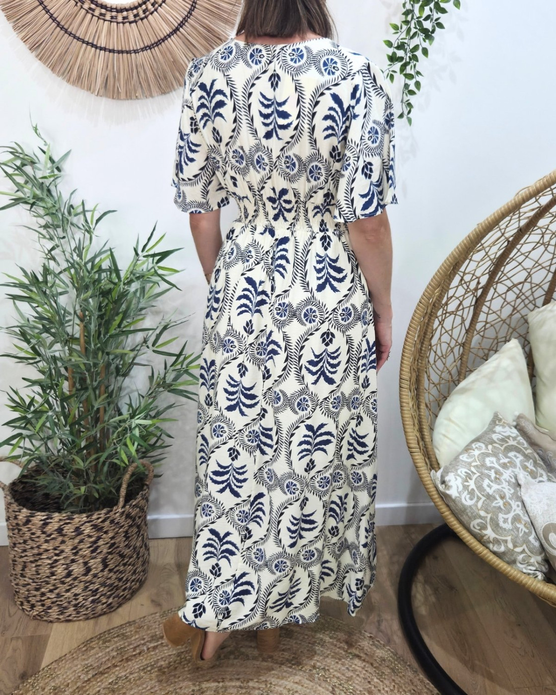 Robe longue femme écrue motifs bleus Violante