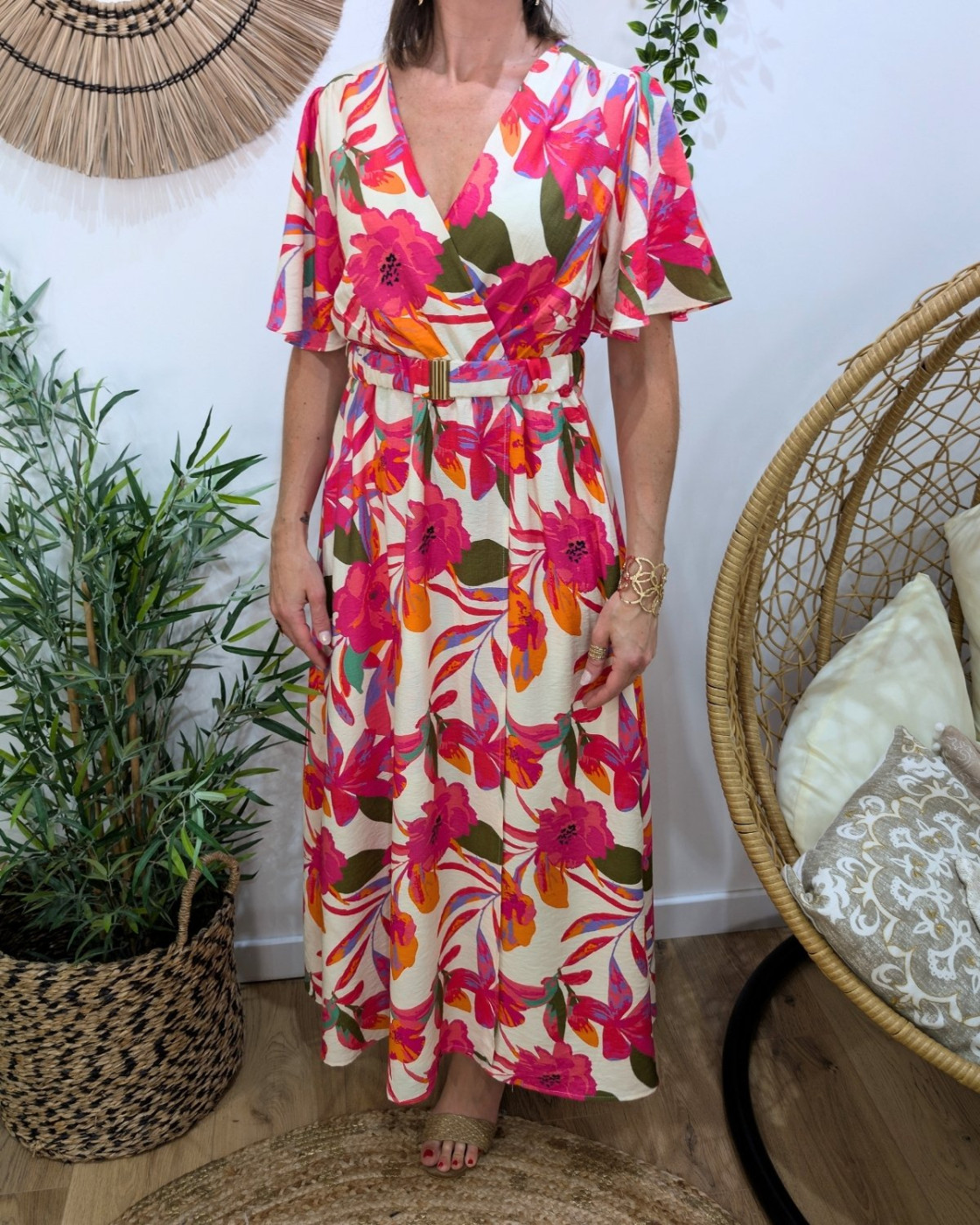 Robe longue femme beige fleurs fuchsias oranges kaki Majkenia