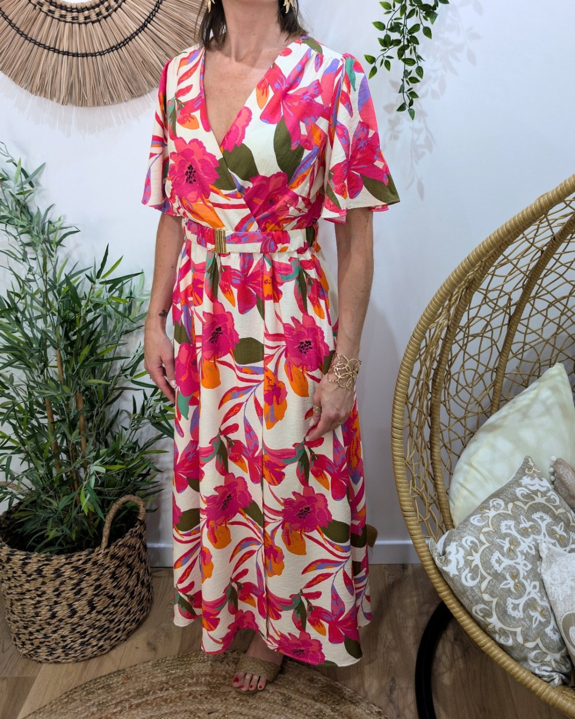 Robe longue femme beige fleurs fuchsias oranges kaki Majkenia