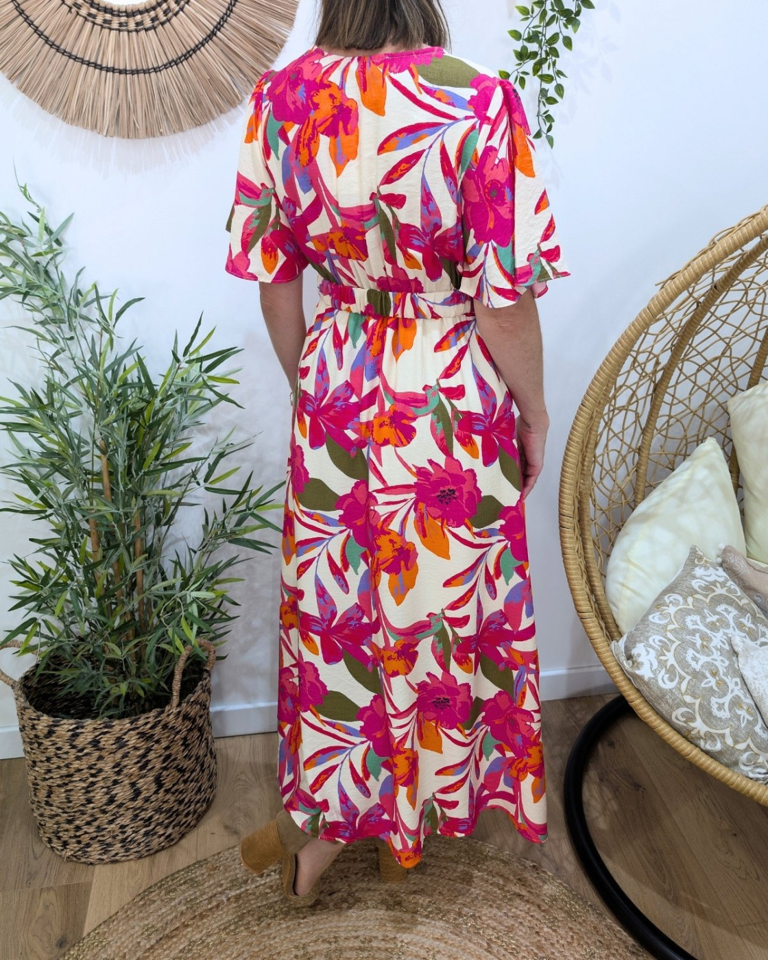 Robe longue femme beige fleurs fuchsias oranges kaki Majkenia