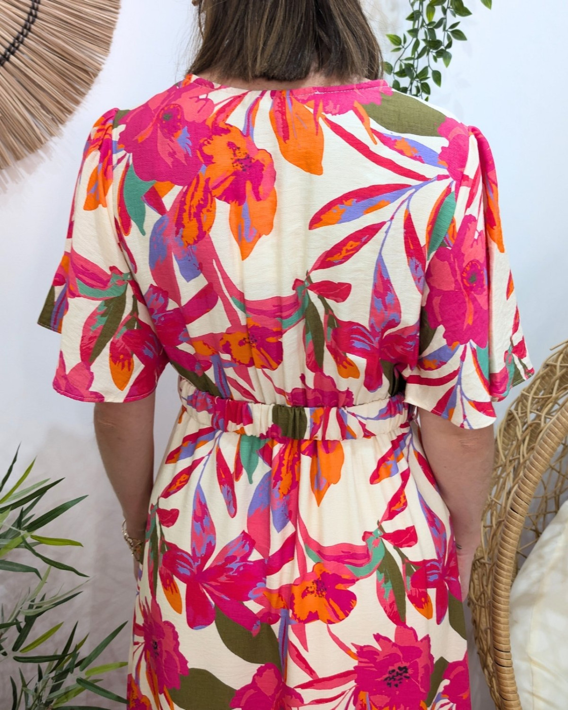 Robe longue femme beige fleurs fuchsias oranges kaki Majkenia