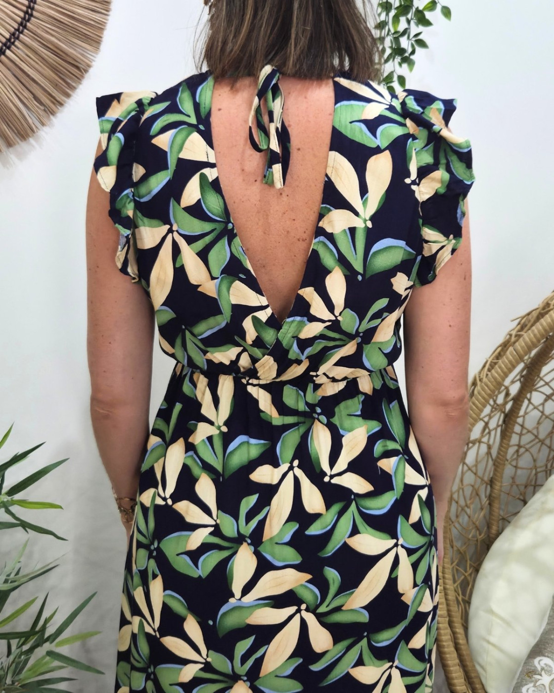  Robe longue femme marine feuilles vertes et beiges