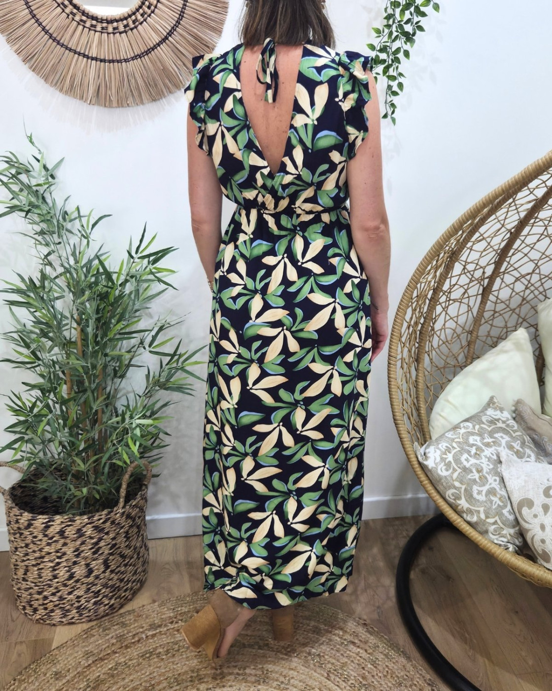  Robe longue femme marine feuilles vertes et beiges