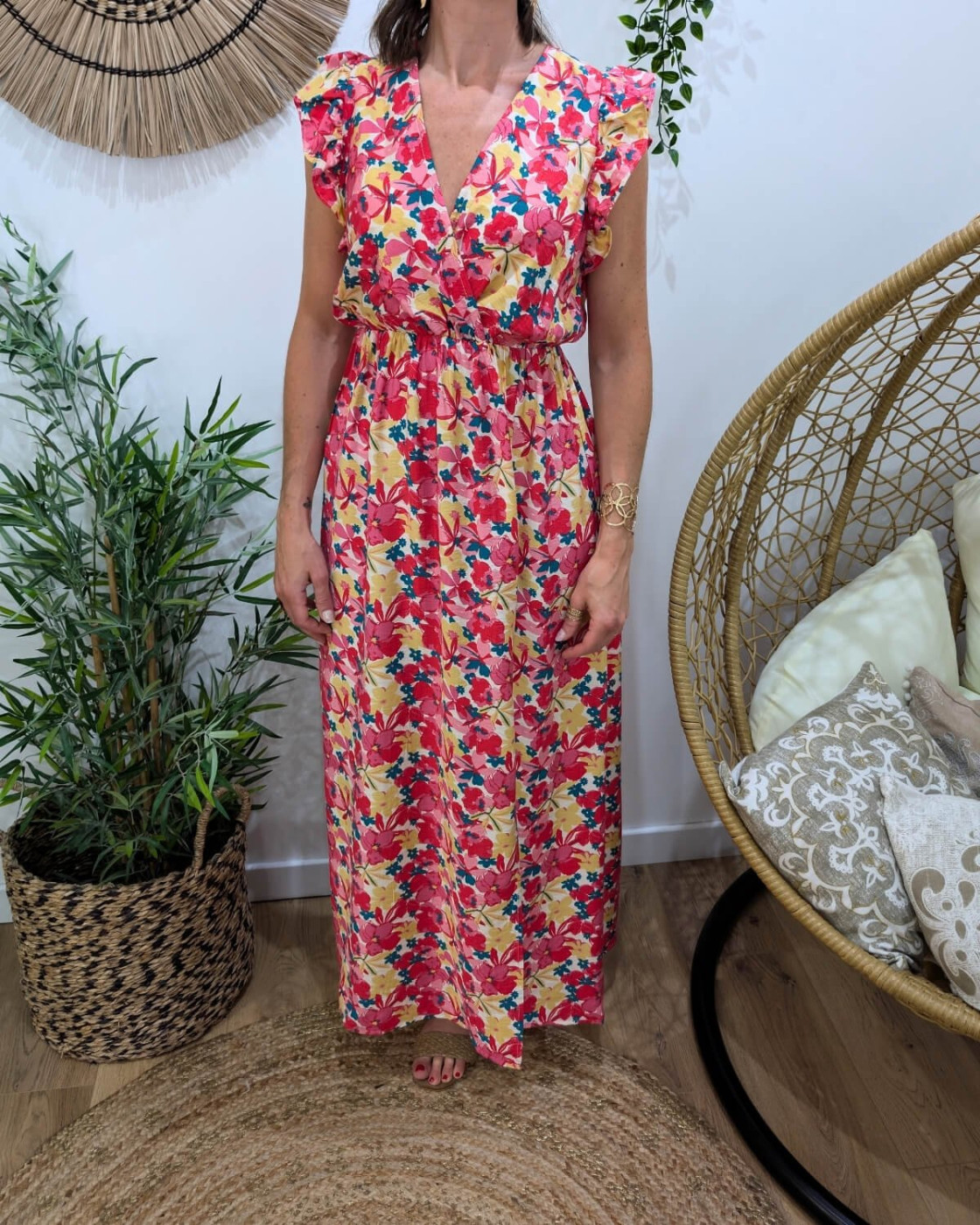 Robe longue femme fleurs roses et jaunes Ambra