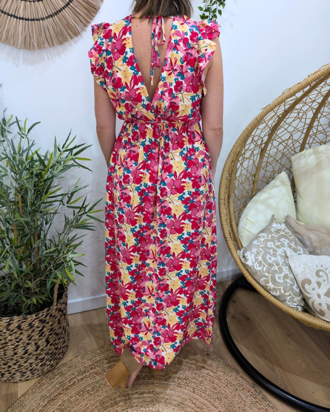  Robe longue femme fleurs roses et jaunes Ambra