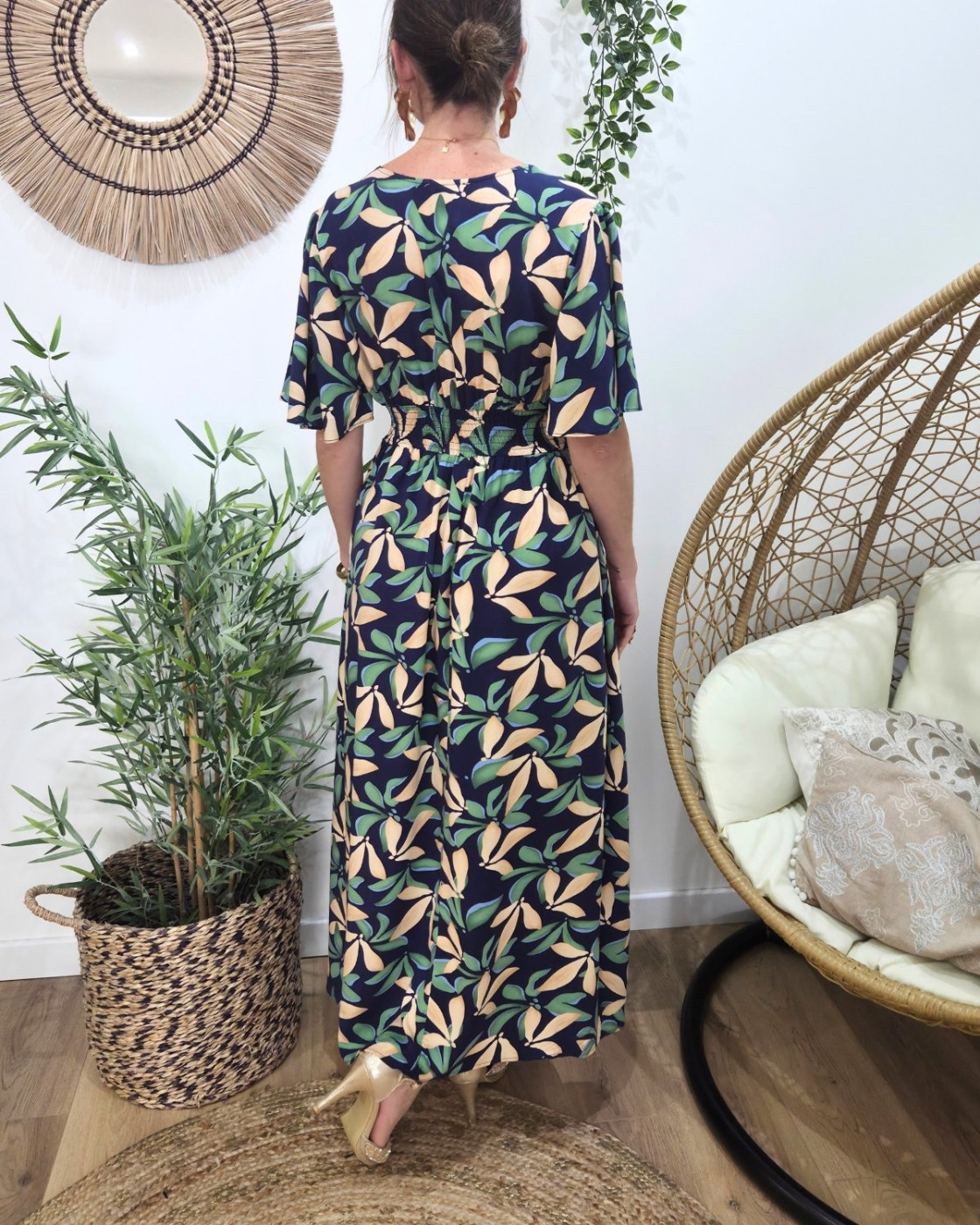  Robe longue femme marine feuilles vertes et beiges manches courtes