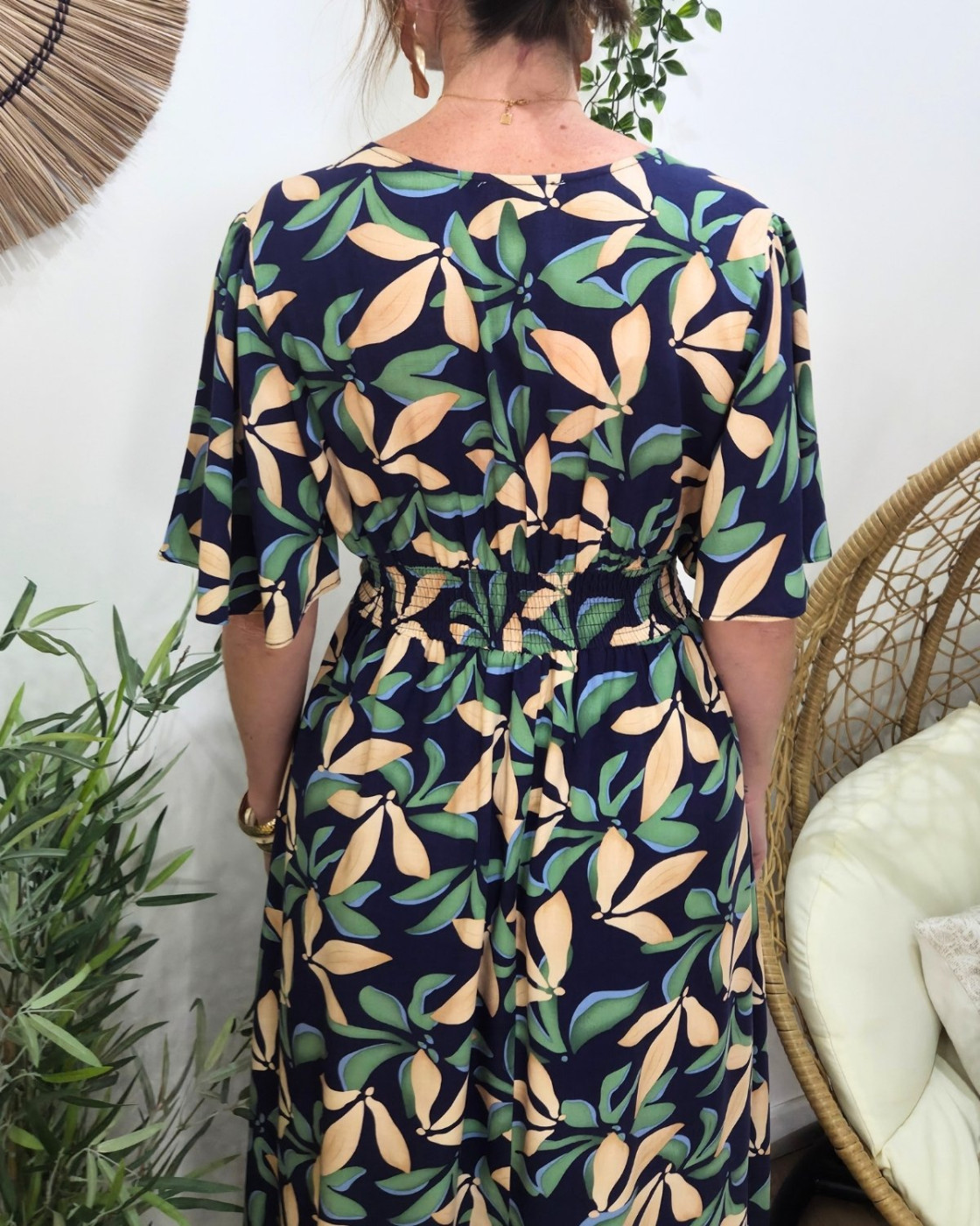  Robe longue femme marine feuilles vertes et beiges manches courtes