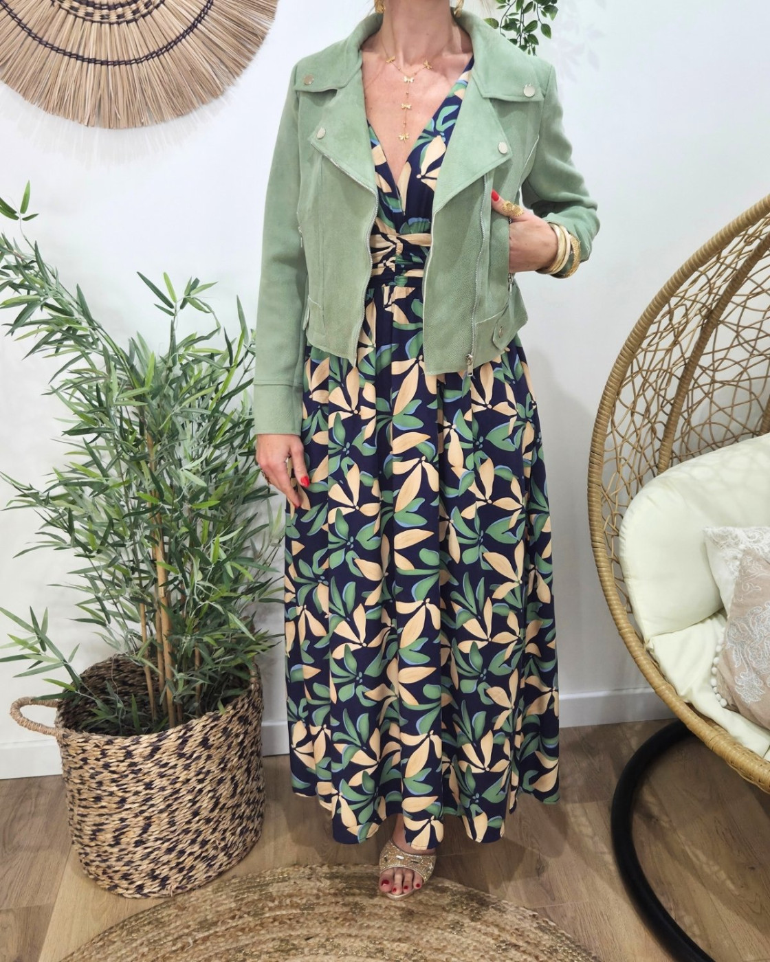  Robe longue femme marine feuilles vertes et beiges manches courtes