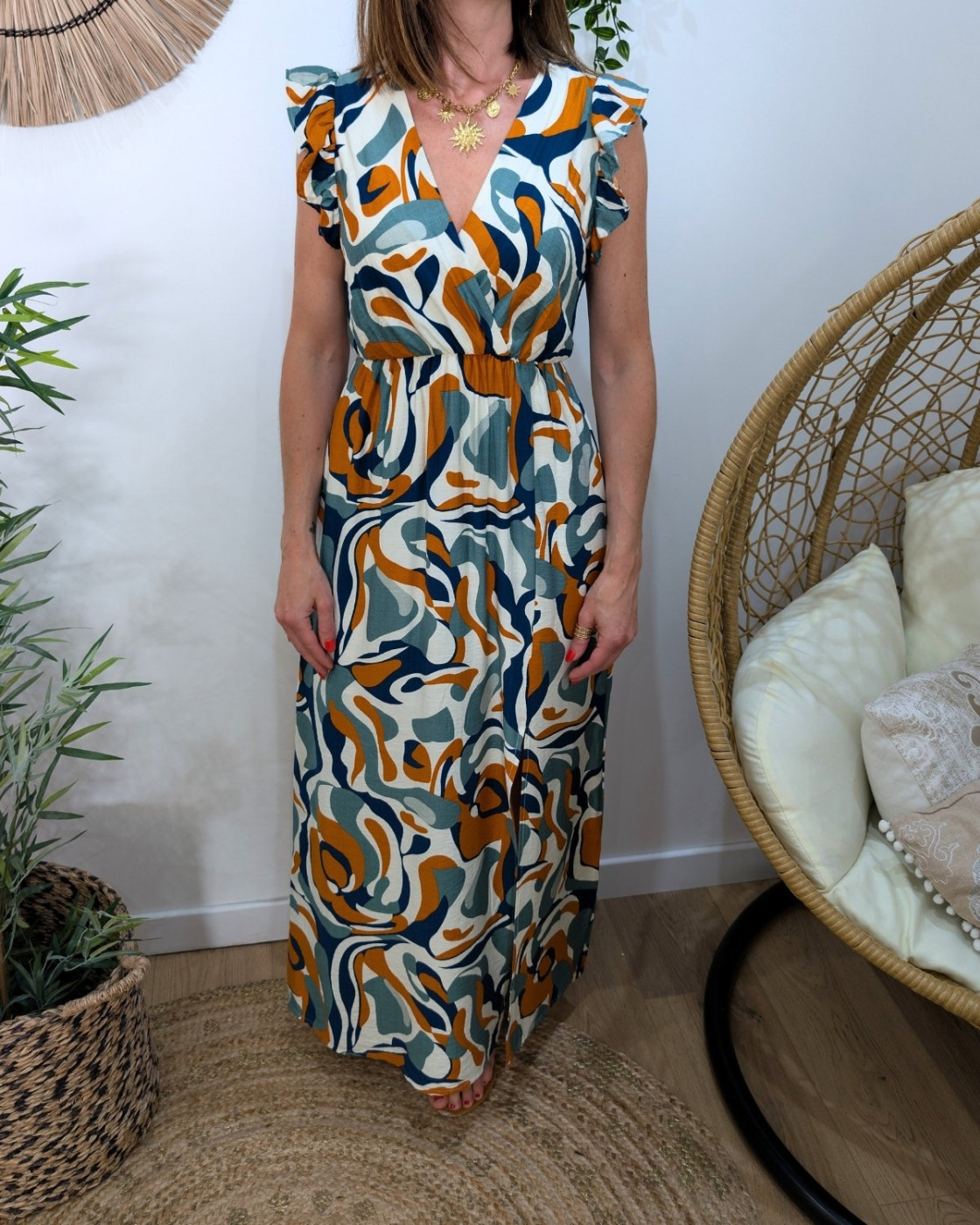 Robe longue femme à motifs marine beige verte Alizée