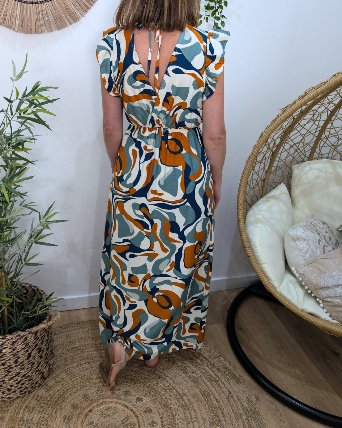 Robe longue femme à motifs marine beige verte Alizée